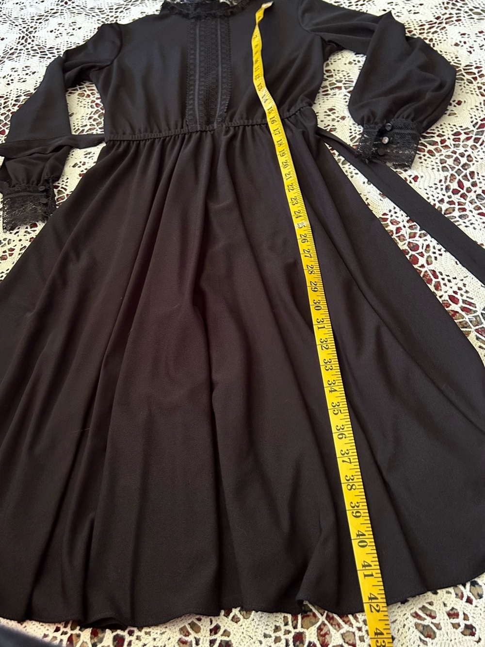 Vintage Sears Union Made Black Long Sleeve Lace-Trim Midi Dress - Picture 7 of 9